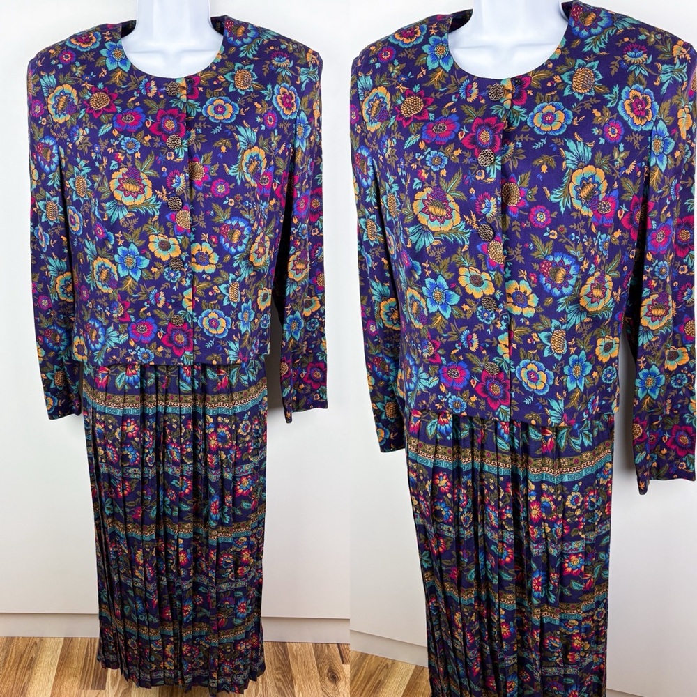 Talbots Vintage 90s Floral Pleated Midi Skirt Button Front Blazer Jacket Top Set - Picture 2 of 13